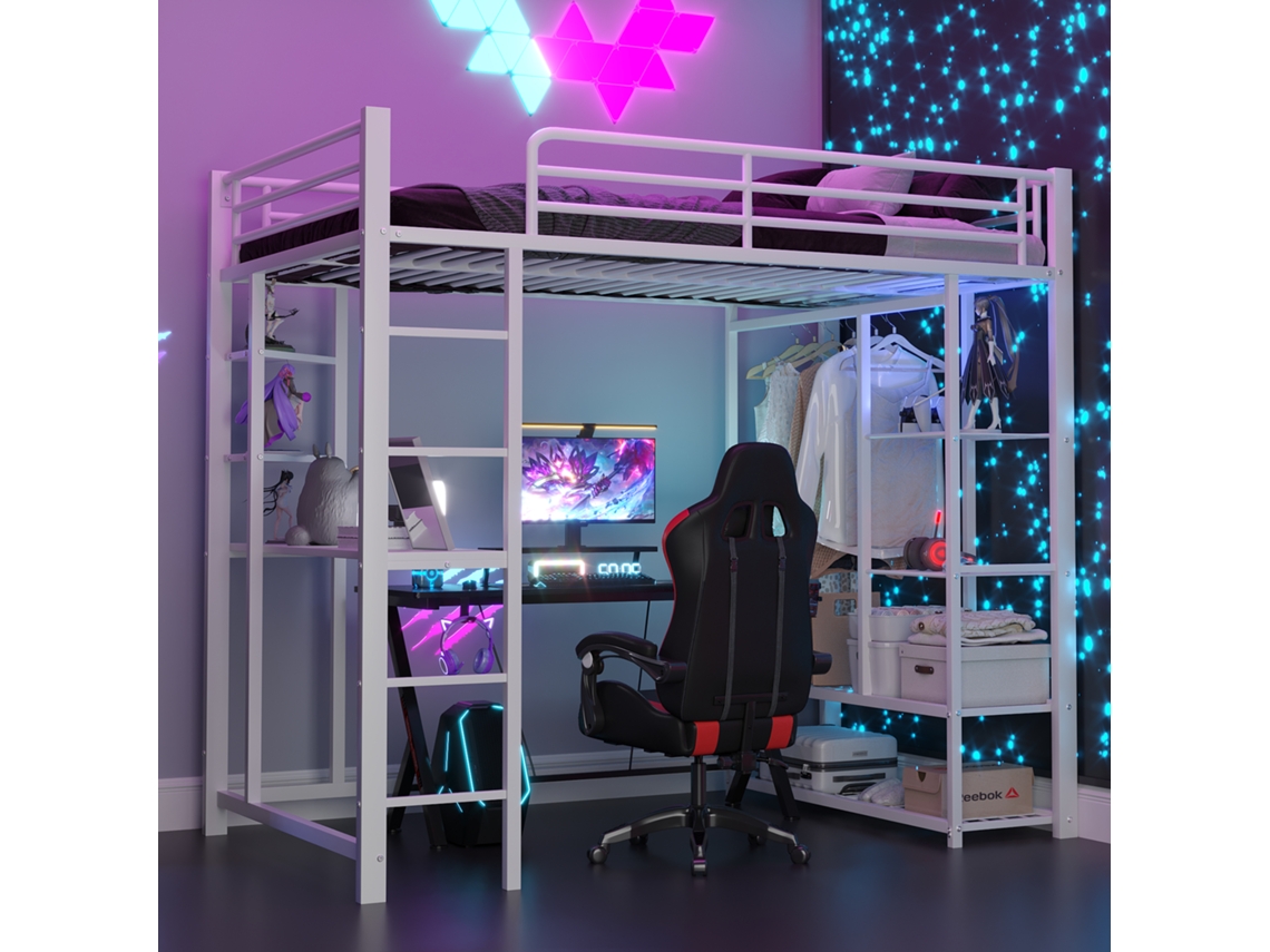 Cama Tipo Loft Com Escada 90*200cm, Cama Individual Com Mesa Com Suspensão Fácil E Compartimentos De Armazenamento, Branco-op