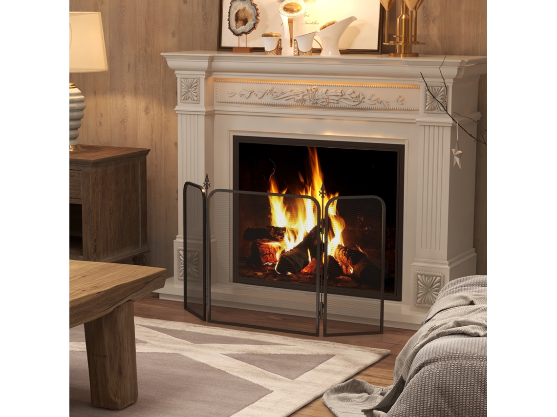 Salvachispas Para Chimenea De 3 Paneles Pantalla Para Chimenea Plegable De Metal 96x1,3x56 Cm Negro