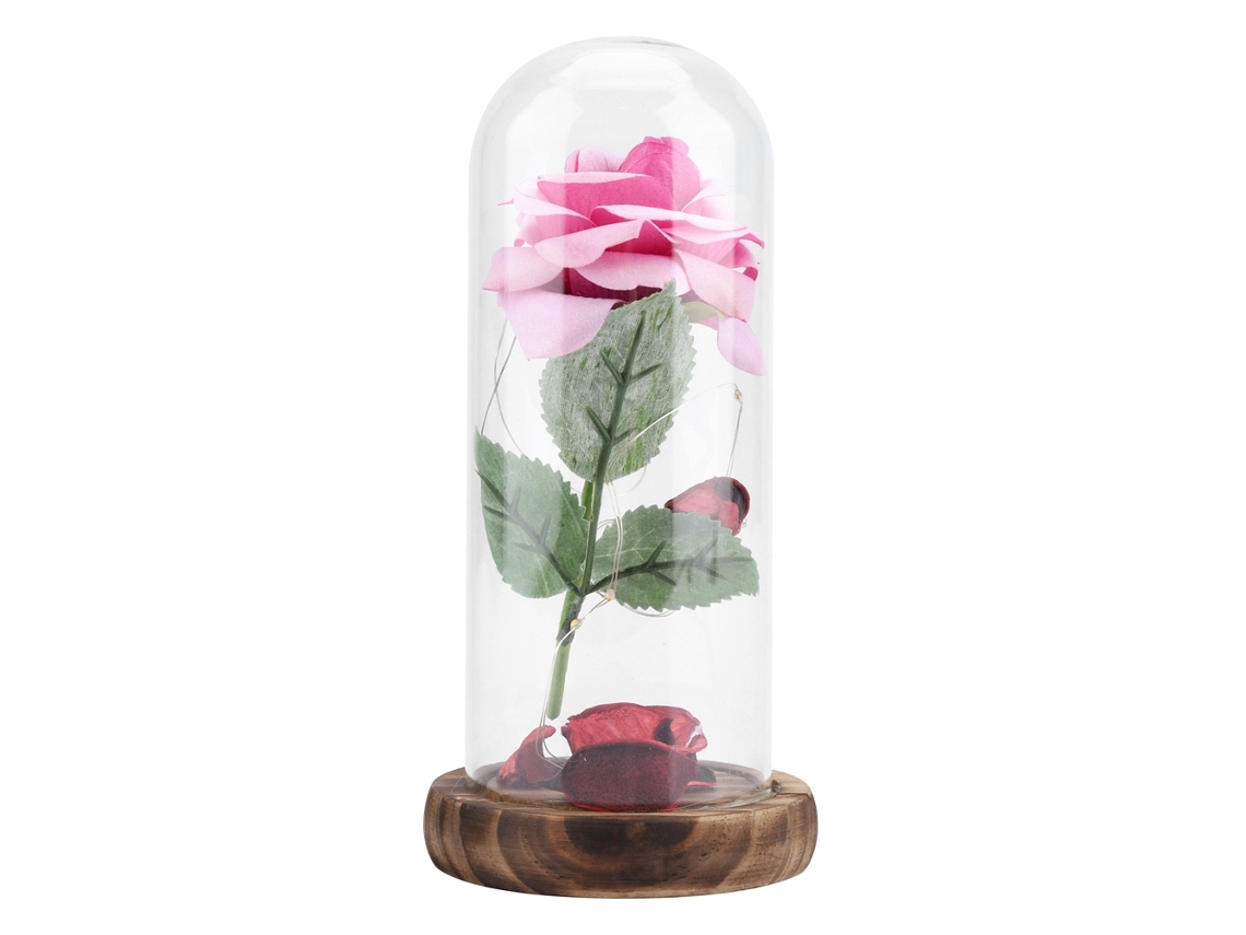 Rosa Preservada Com Luz De Led E Base De Madeira