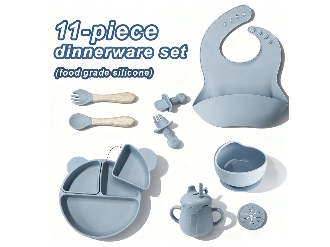 Conjunto 11 Peças Louça De Bebé Silicone Azul Cinza: Prato, Tigela, Copo, Babete, Talheres, Antiaderente, Bpa-free Para Blw
