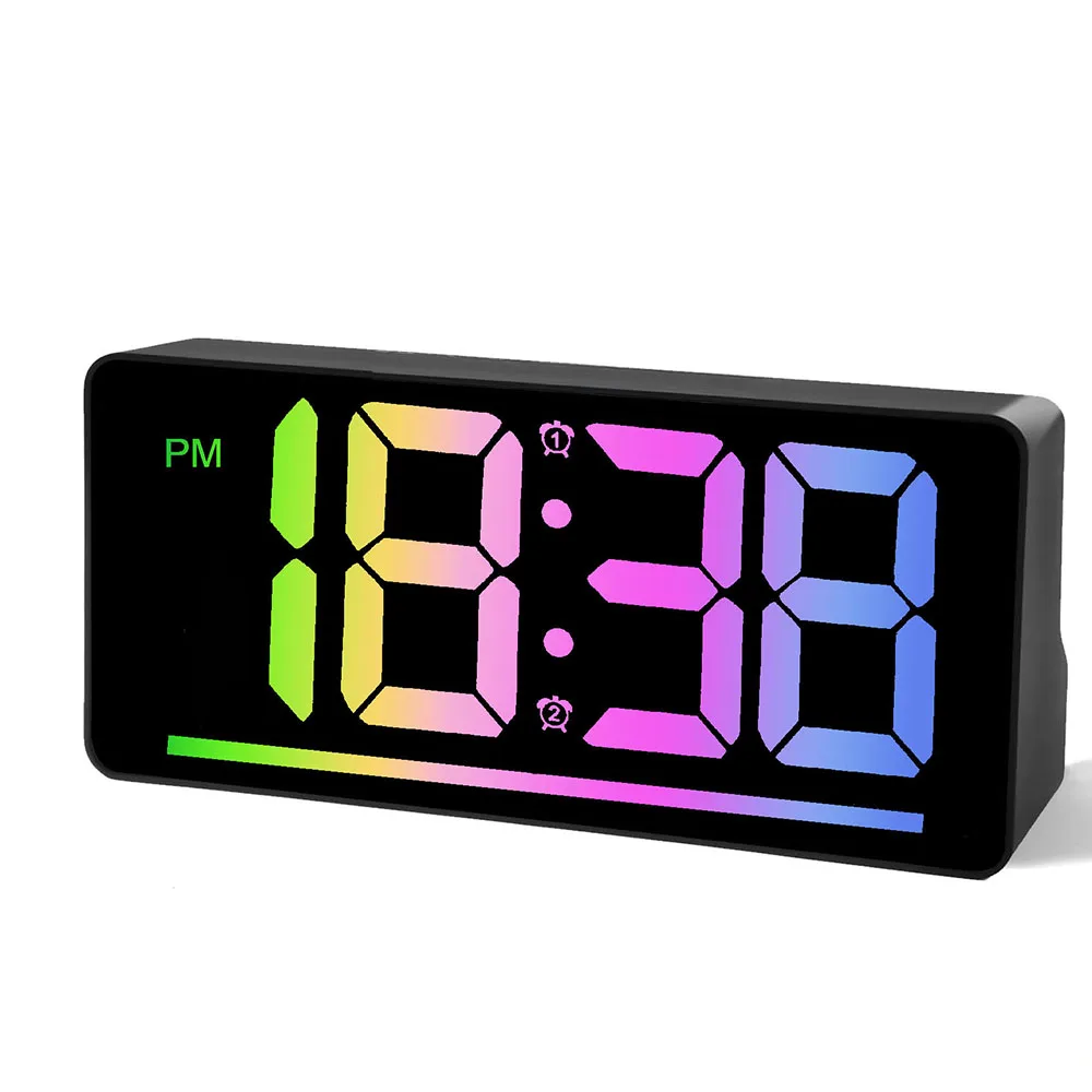 Relógio de mesa digital LED colorido (preto) com visor grande, alarme, termômetro e luz noturna.