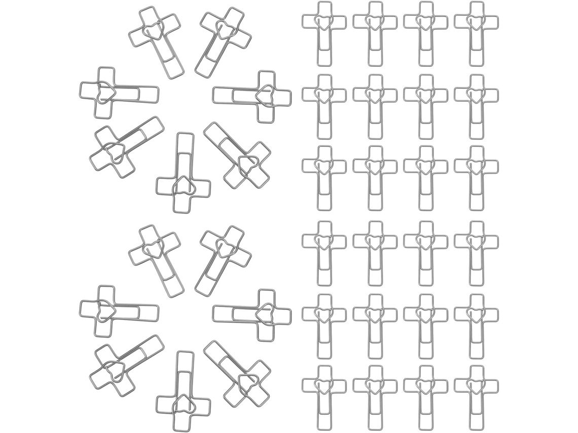 Clipes de papel Gatuida em metal prateado em formato de cruz e coração, 100 unidades, clipes decorativos para documentos.