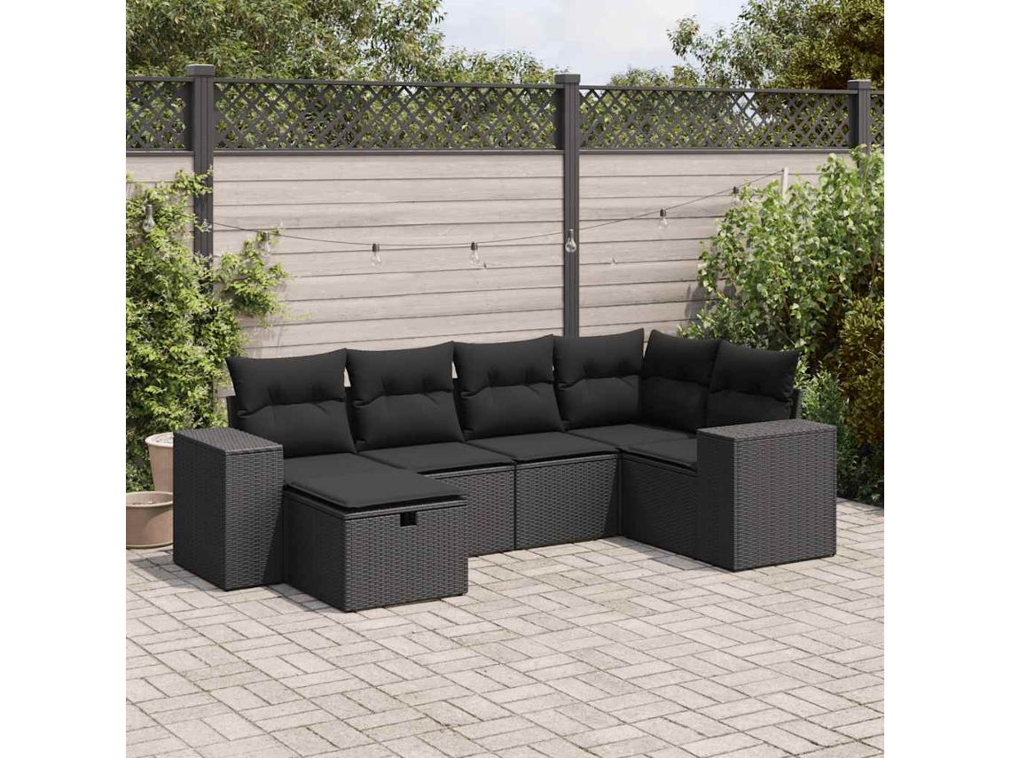 Vidaxl 6 Pcs Conjunto Sofás De Jardim C/ Almofadões Vime Pe Preto