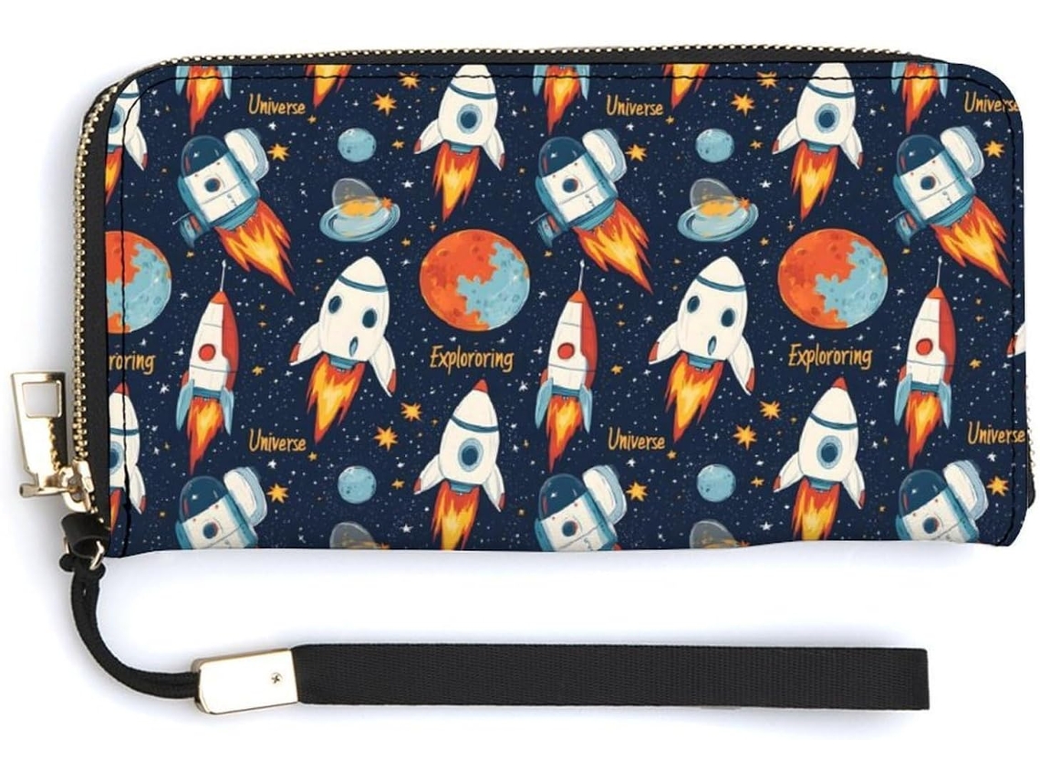 Carteira Feminina de Couro Pequena com Zíper Estampa Espacial S/MARCA