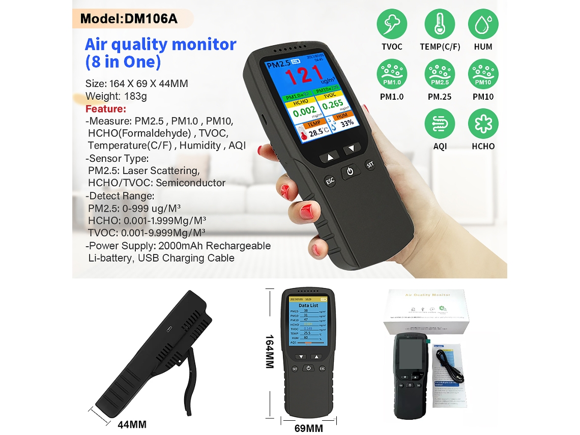 Detector Pm2.5 Portátil Termohigrômetro Lcd Casa