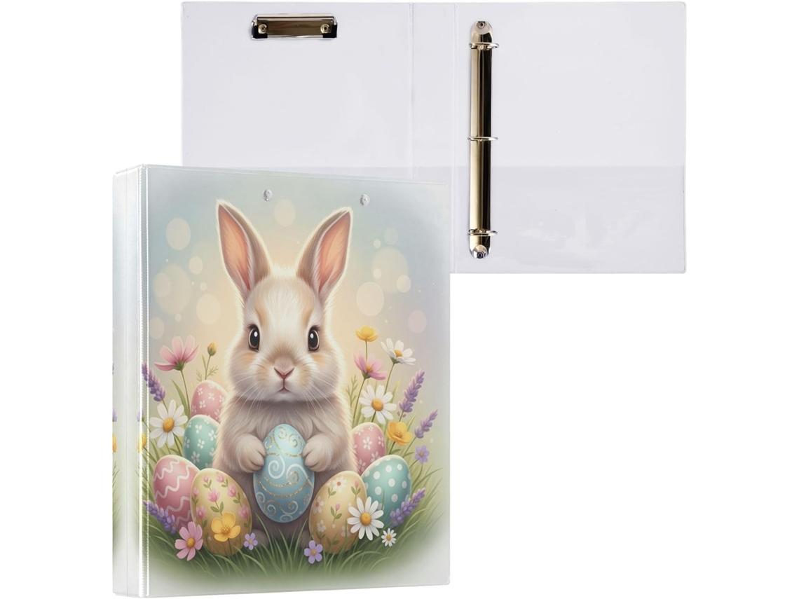 Pasta de 3 Argolas para Papel Tamanho Carta , Coelhinho da Páscoa Redondo e Fofo com Porta pra (27,9 X 21,6 Cm)