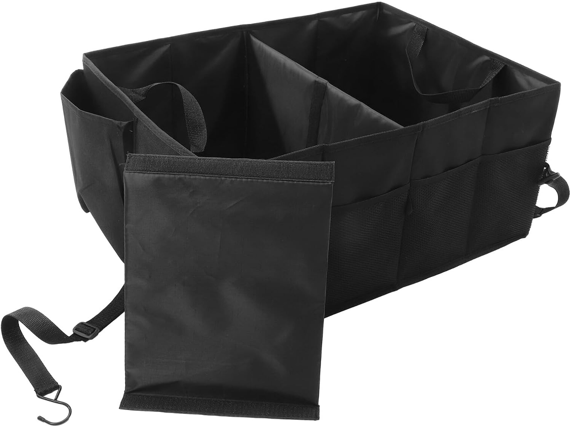 Organizador de armazenamento reutilizável para carros com compartimentos e caixas organizadoras.