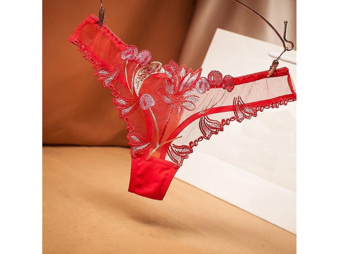 Tanga Mujer Encaje Bordado Transparente Algodón Cintura Baja Floral Talla Única G-string Rojo -2