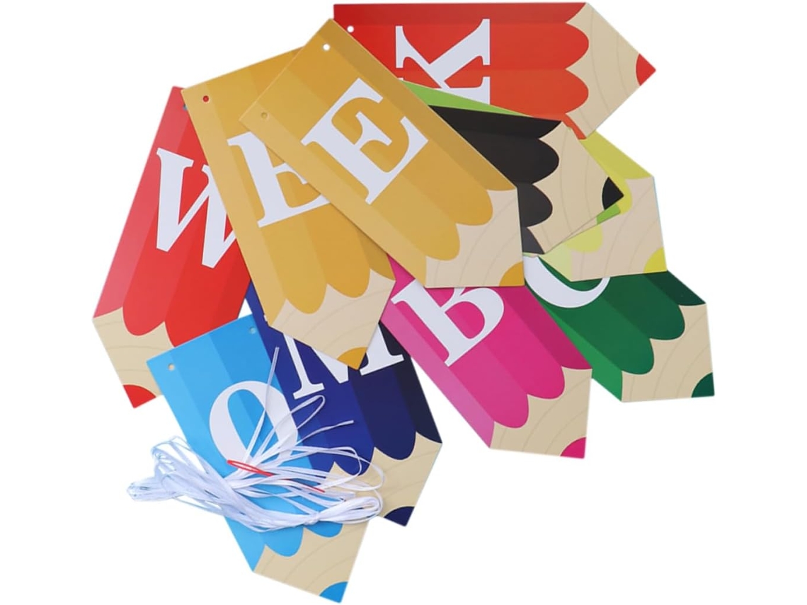 Conjunto Nuobesty com 1 lápis decorativo e bandeirinhas para decoração escolar e celebrações educativas fáceis.