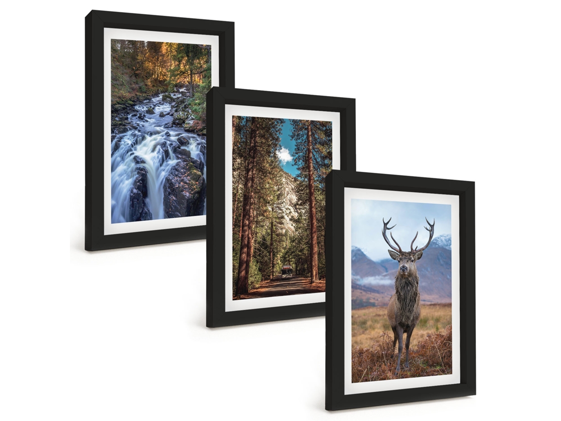 Pinturas Murais Modernascachoeira, Floresta, Montanhas, Veado Natureza Moldura Preta Pinturas De Quarto Espelharte (3 Peças 20x30 Cm)