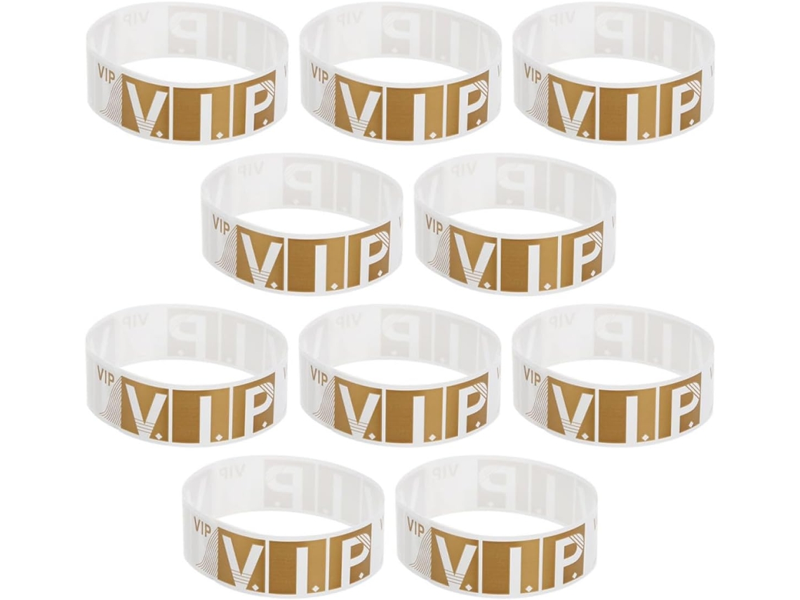 Pulseiras Sewacc 100vip para eventos e festas, ajuste confortável e superfície sólida em papel sintético, cor dourada.