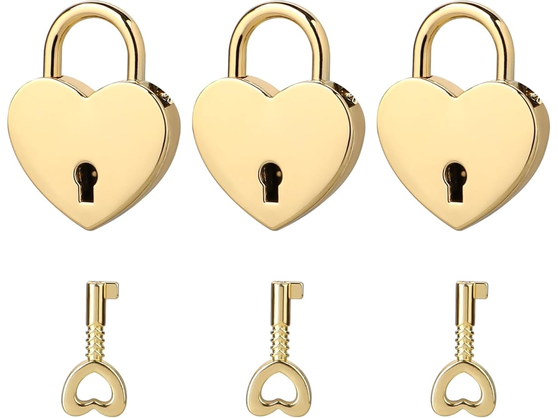 Conjunto De 3 Mini Cadeados Em Formato Coração Com Chave, Cadeado Em Formato De Coração Para Caderno, Pequeno Cadeado De Metal Dourado Para Colar