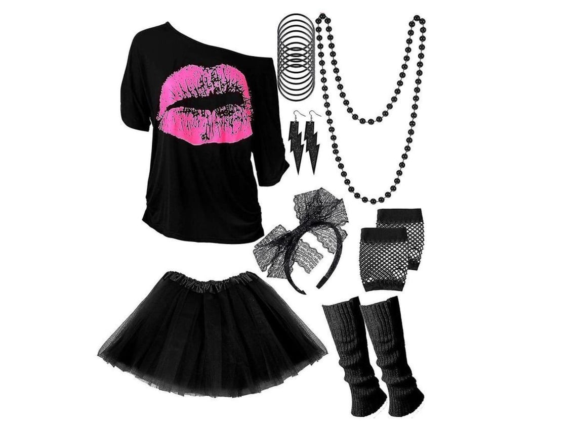 Rebe-suit 80s 90s Para Mulheres Camiseta Meias Perna Vestido Brincos Pulseiras Luvas S Preto