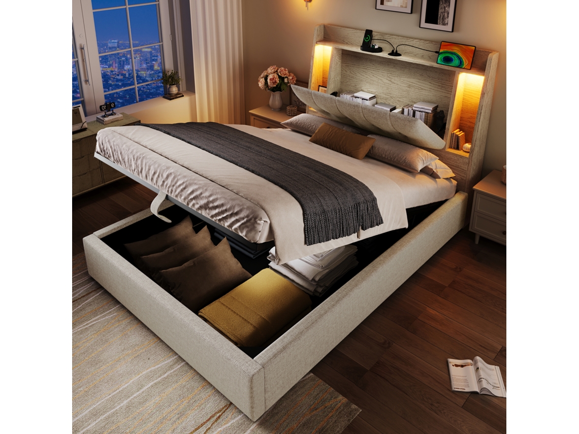 Polsterbett 90x200cm Com Usb-c, Armário Flip-top E Led Bege Sem Colchão