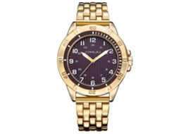 Relógio de pulso masculino, aço, pulseira dourada, mostrador marrom, quartzo, à prova d'água.
