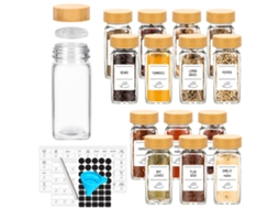 Conjunto De 12 Frascos De Vidro Para Especiarias Com Tampas De Bambu, Incluindo Etiquetas Simples E Um Funil Dobrável.