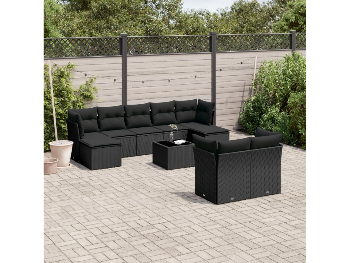 10 Pcs Conjunto Sofás De Jardim C/ Almofadões Vime Pe Preto Dkd Home Decor