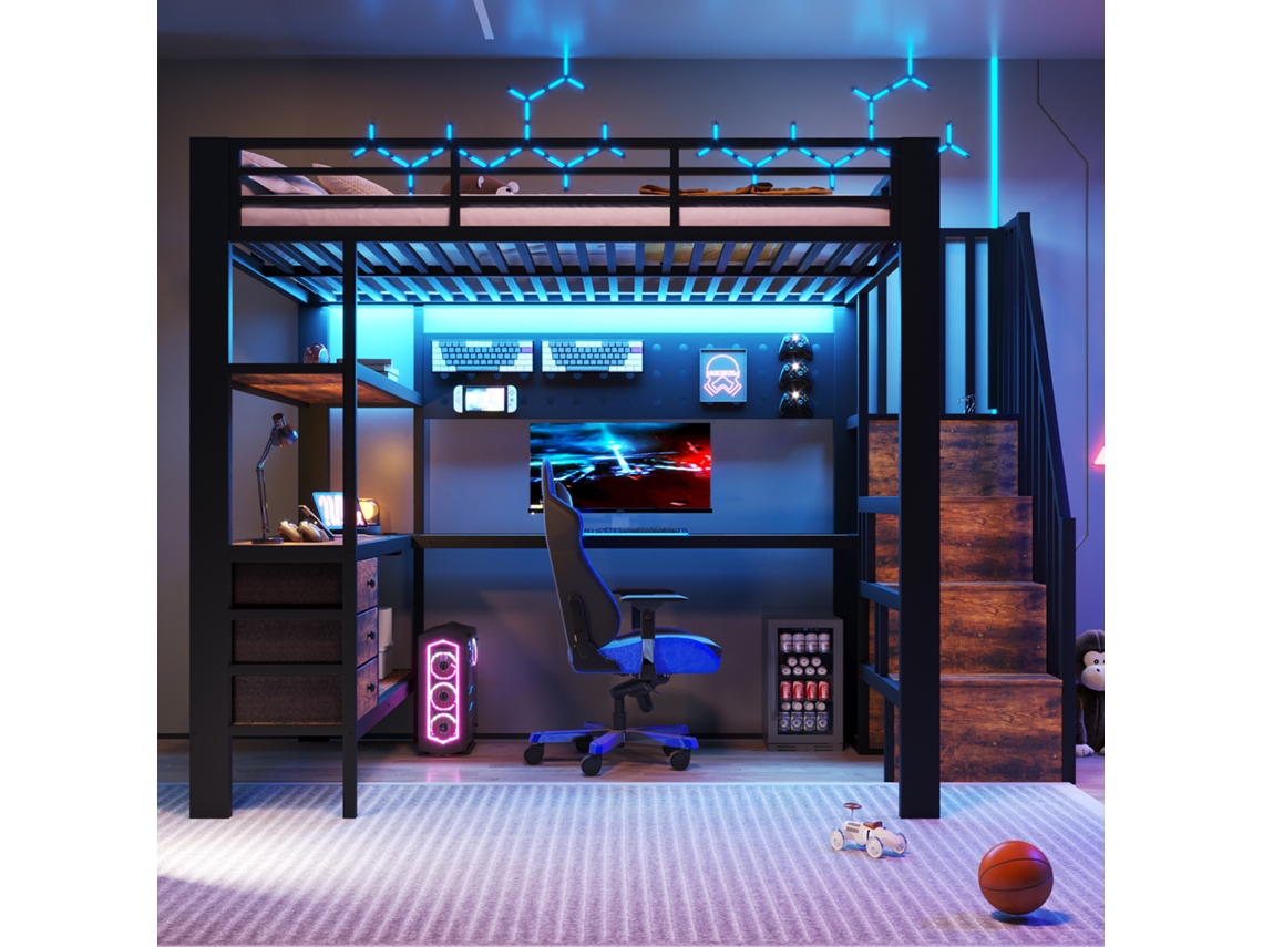 Cama alta metálica 140x200 cm com secretária, prateleira, gaveta, painel perfurado, tomada e LED, preta VSOGA
