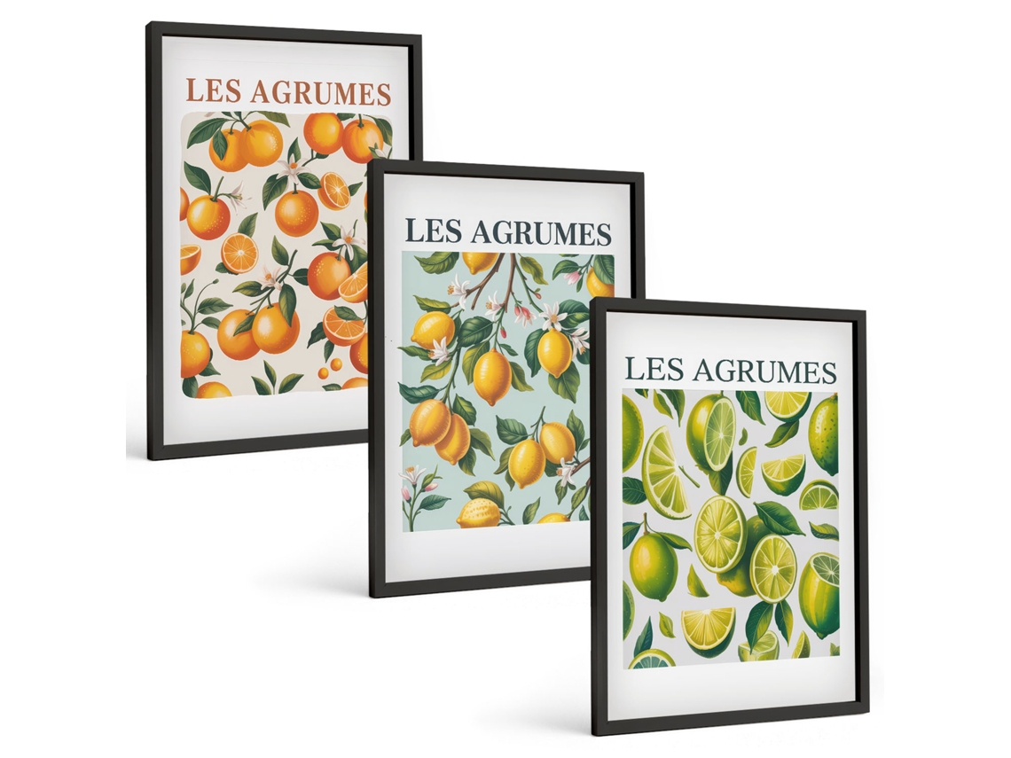 Conjunto De Pinturas Padrões De Frutas Cítricas Em Tons Pastel Espelharte (3 Peças 40x60 Cm)
