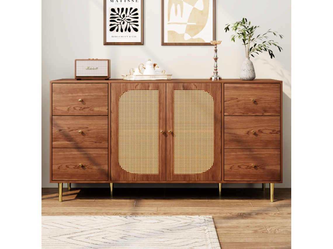 Aparador Rattan Castanho, Armário Madeira Independente, 160x40x90 Cm, Para Cozinha E Sala.