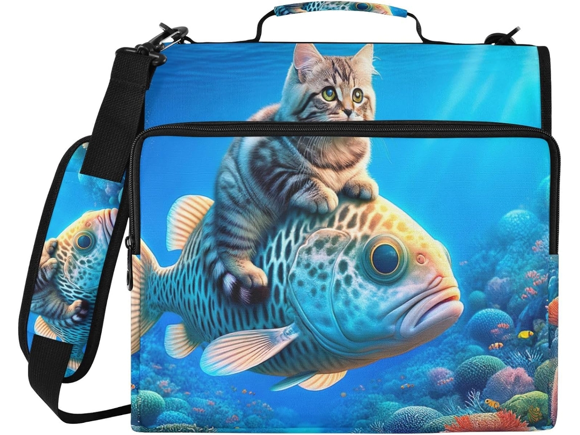 Organizador De Bolsa Fofo Em Formato Gato E Peixe, Fichário De 3 Argolas Com Compartimento Laptop, Tecido