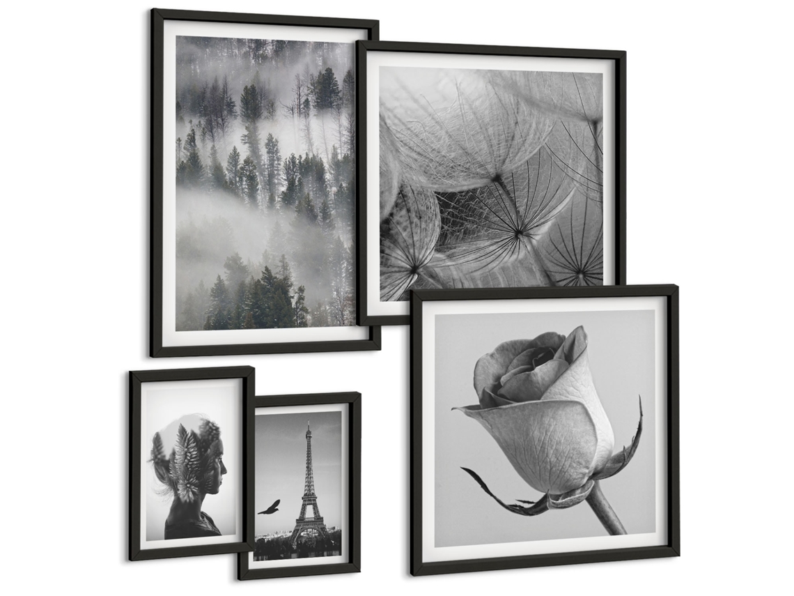 Conjunto De Pinturas Preto E Branco Natureza Cidade Espelharte (5 Peças)