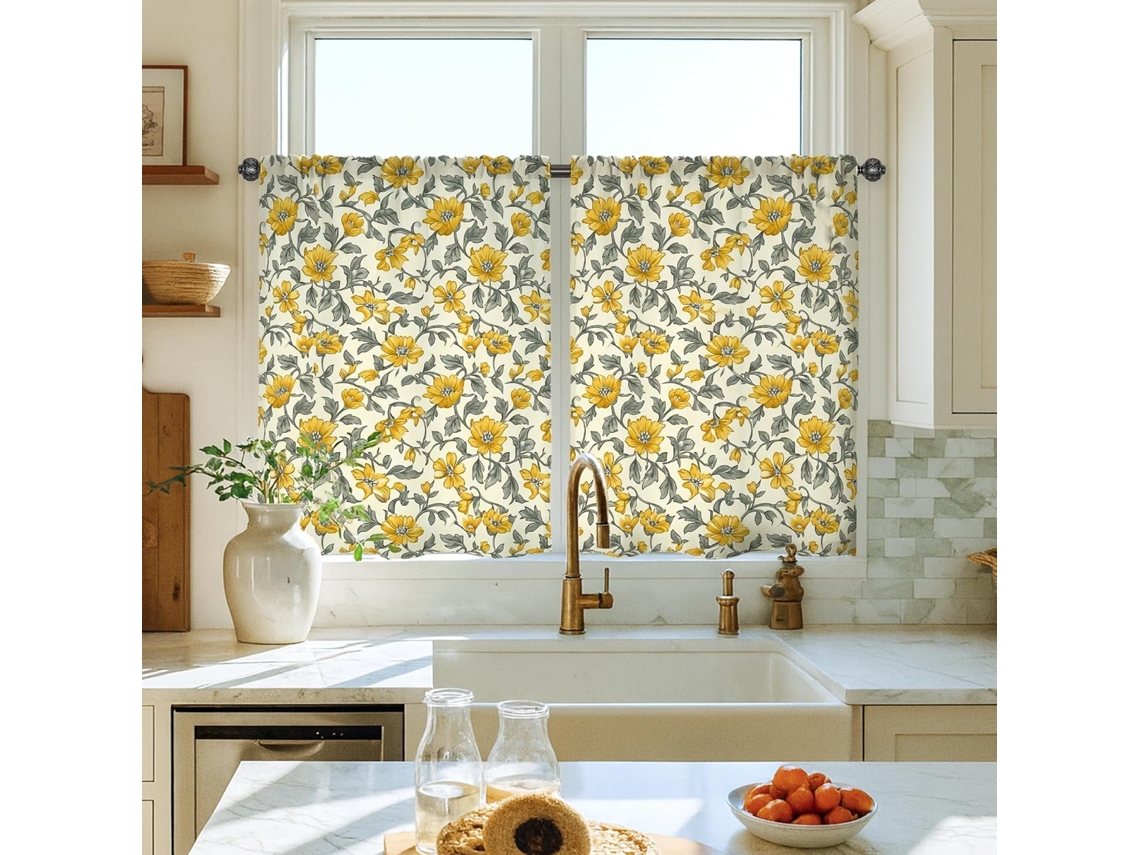 Cortinas De Cozinha Com Flores, Folhas De Primavera Tradicionais, Amarelo, Primavera, Amarelo, Para Decoração De Janelas