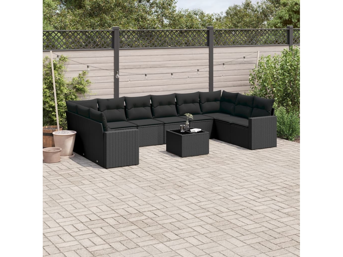 Jogo de Sofá Jardim 11 Peças C/ Almofadões Vime Pe Preto Dkd Home Decor