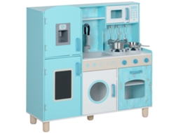 Cozinha De Madeira Para Crianças Com Sons Fogão Forno Micro-ondas Máquina De Gelo E Acessórios 90x33,3x91,6 Cm Azul