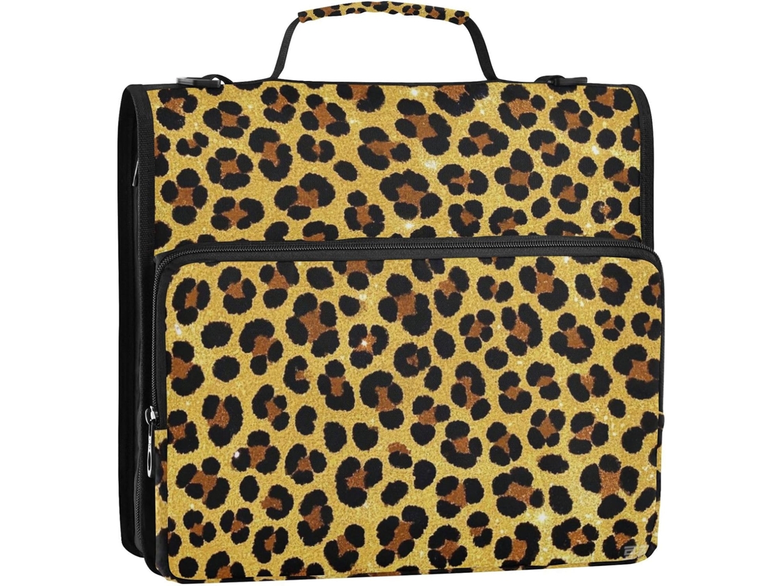 Organizador de Mesa com 3 Argolas, Alça Ombro e Mão Estampa Leopardo Lantejoulas Dourado Argolas 3,8 Cm