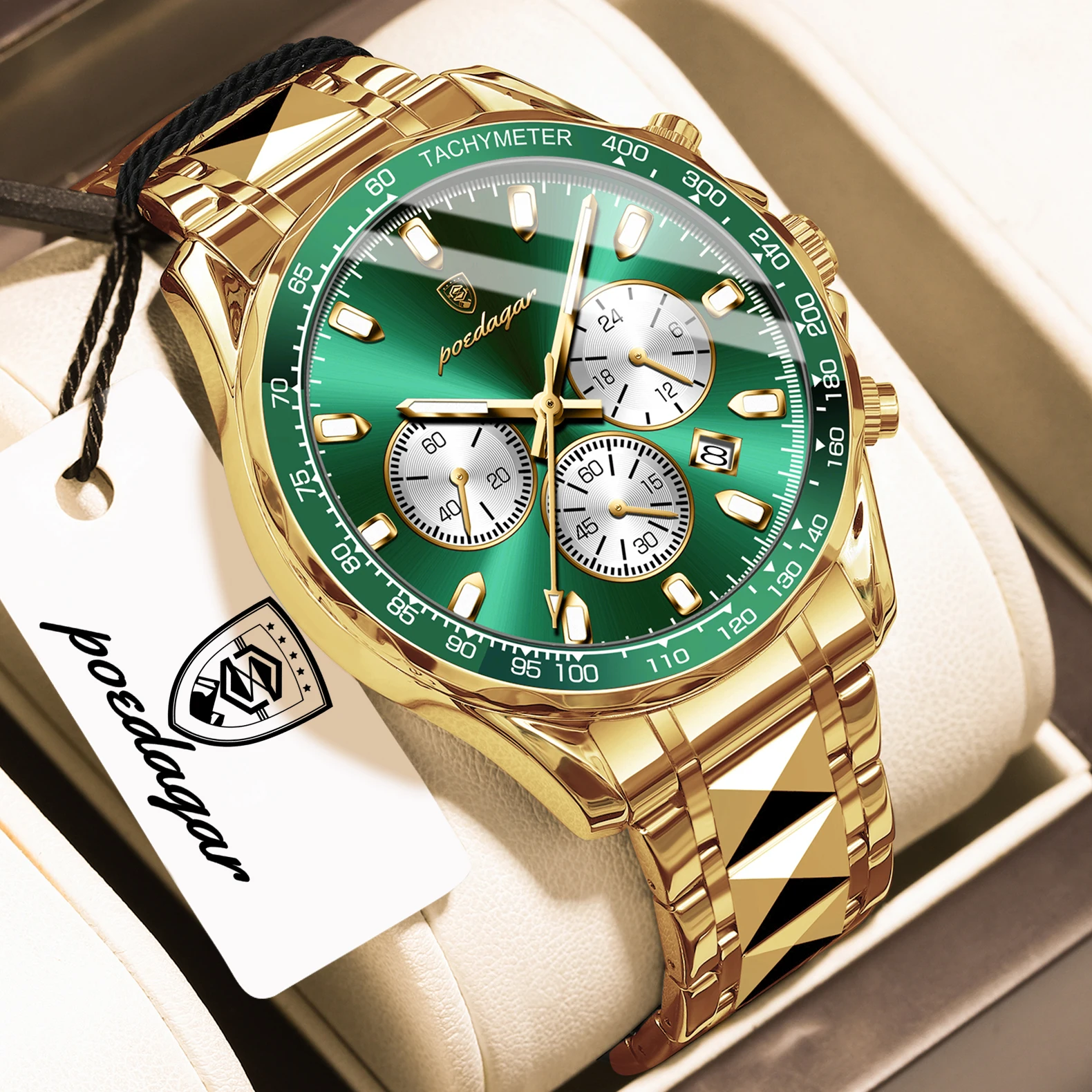 Relógio masculino de negócios, todo dourado e verde, em Prova d'água, com contadores luminosos em aço inoxidável, cronógrafo, função de dados e movimento de quartzo.