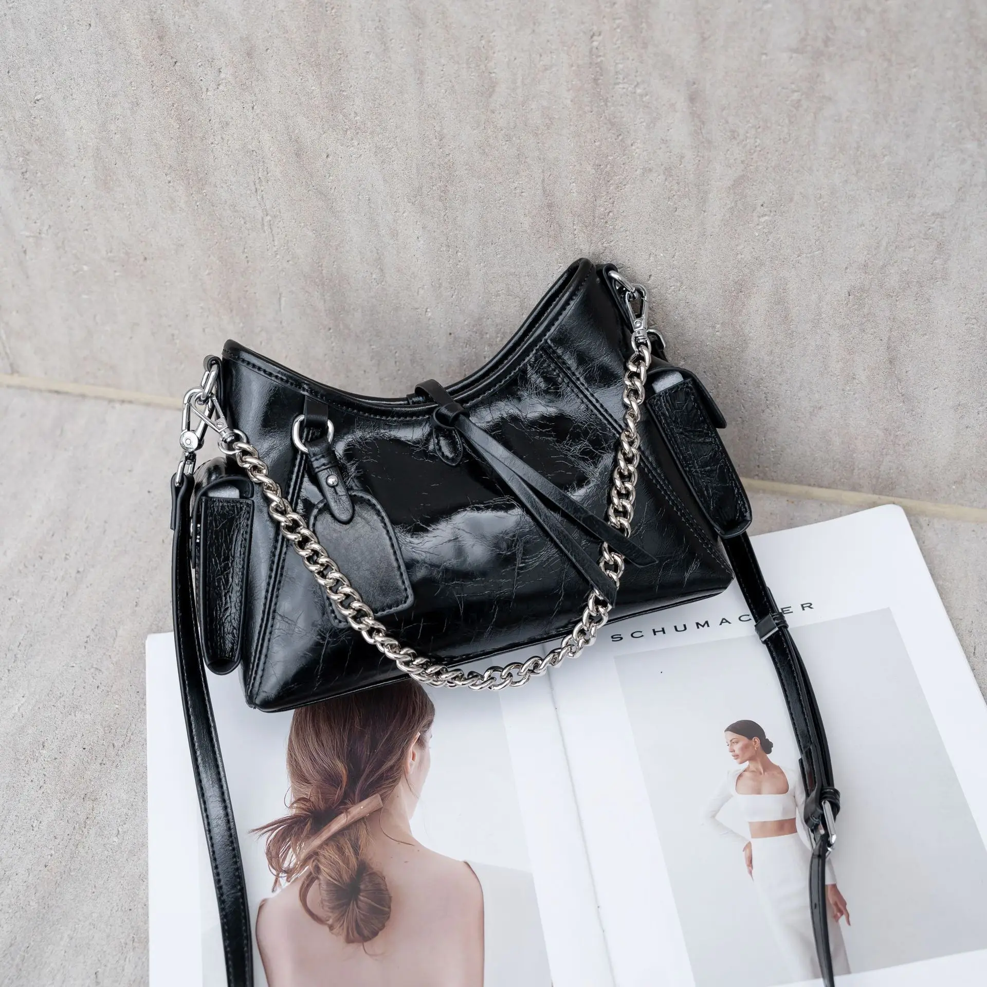 Bolsa De Ombro Feminina Em Couro Genuíno Preto, Estilo De Designer De Luxo, Bolsa Com Corrente.