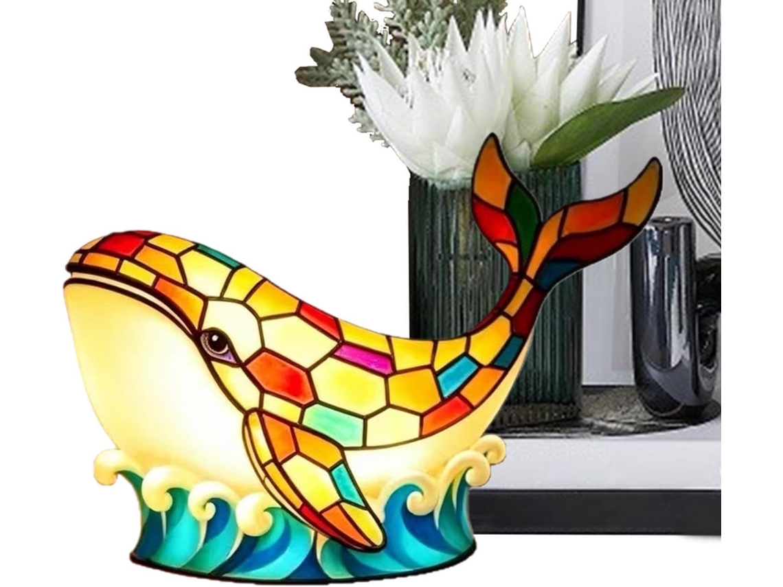 Luminária decorativa genérica em formato de Baleia, feita de resina, com entrada USB.