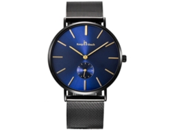 Reloj De Hombre Ultra Delgado Impermeable Con Cuerda De Acero Cuarzo (caja Negra Dial Azul)