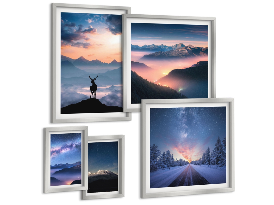 Pinturas Murais Modernas Pontes, Pôr Do Sol, Cidade Moldura Prateada Fotos Para O Escritório Espelharte (conjunto De 5 Imagens)