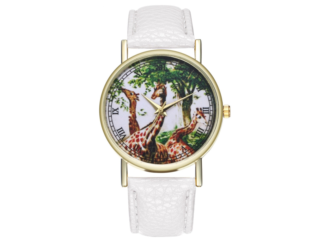 Relógio analógico de quartzo com estampa de girafa para homens e mulheres, pulseira de couro PU, estilo casual (branco)