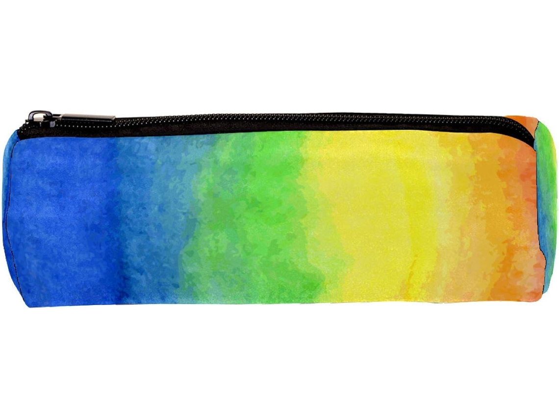 Porta-lápis com estampa abstrata de arco-íris em aquarela, organizador de mesa, item escolar indispensável.