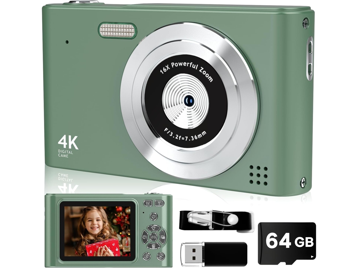 Câmera Digital Compacta de 44mp Full Hd 1080p, com Zoom de 16x e Cartão de 64gb IKIKSO (verde)