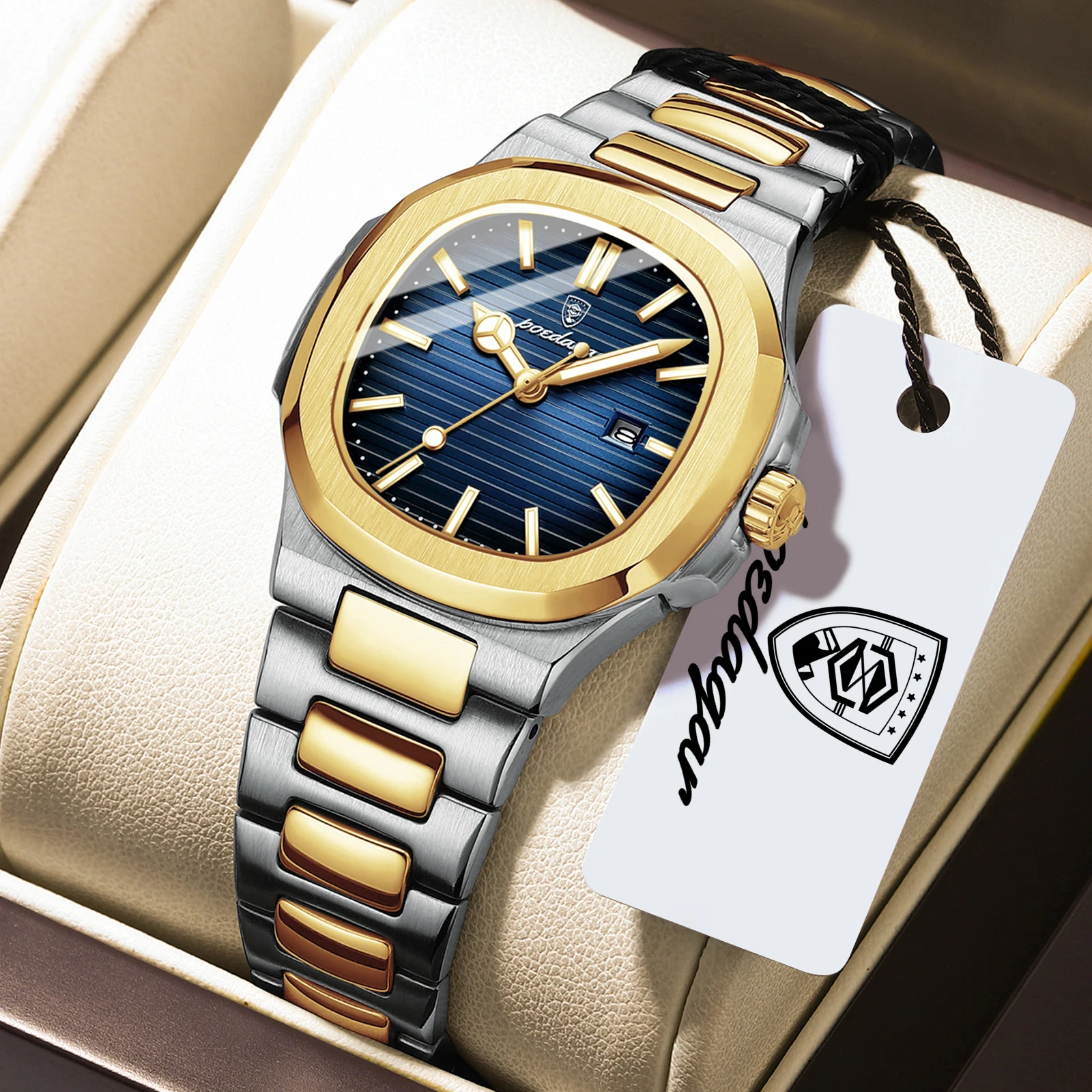 Relógio Feminino Elegante (dourado e azul), À Prova D'água, Com Dados Luminosos, Relógio de Pulso Feminino Moderno
