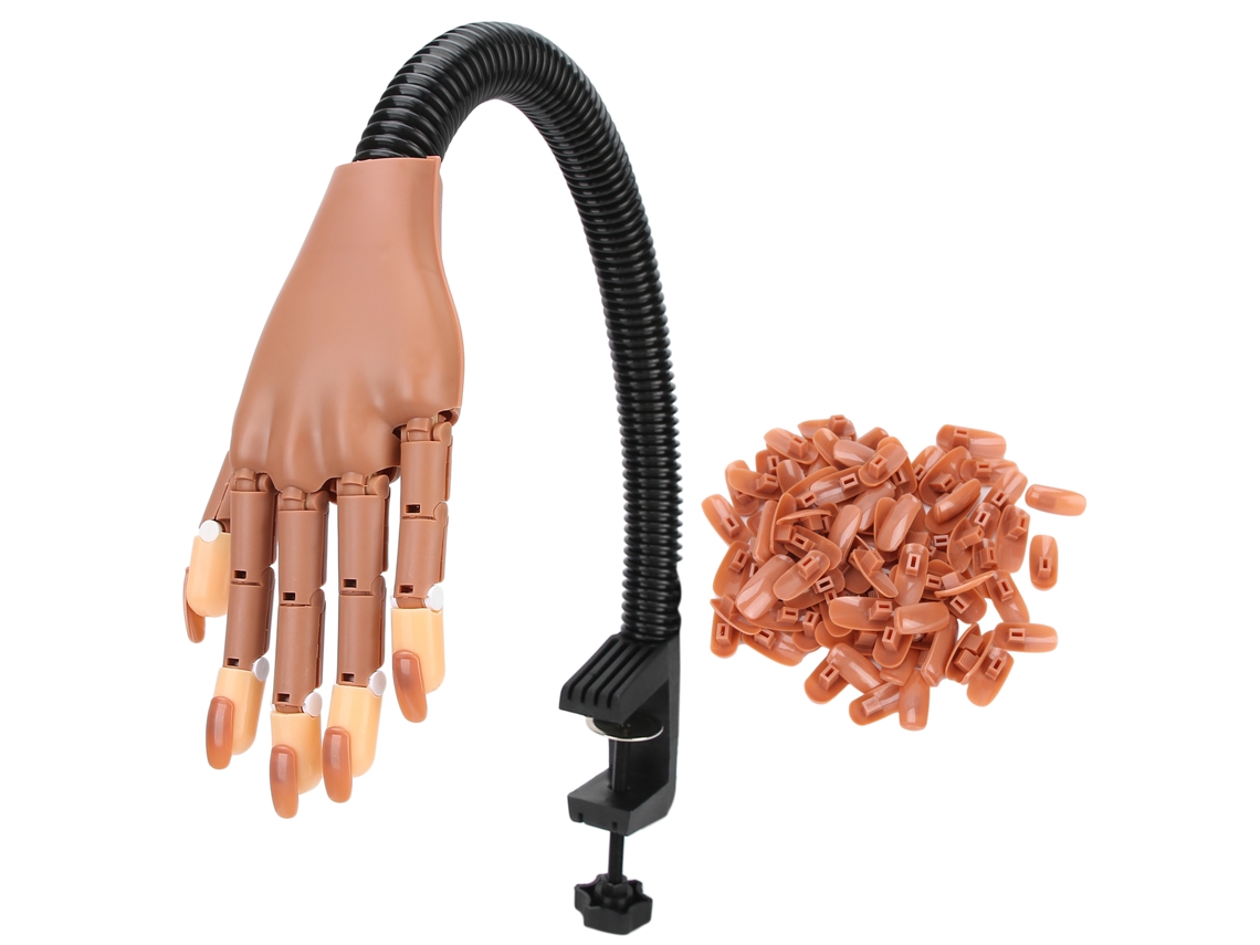 Mão artificial flexível para praticar manicure e nail art com 100 pontas de unhas removíveis.