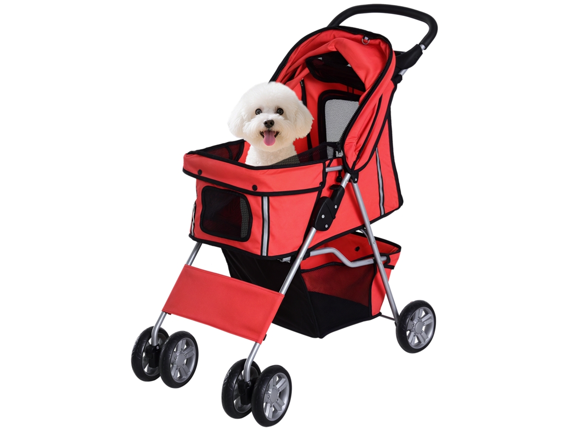 Carrinho Cães Capota Ajustável Cesto Porta-copos 75x45x97 Vermelho