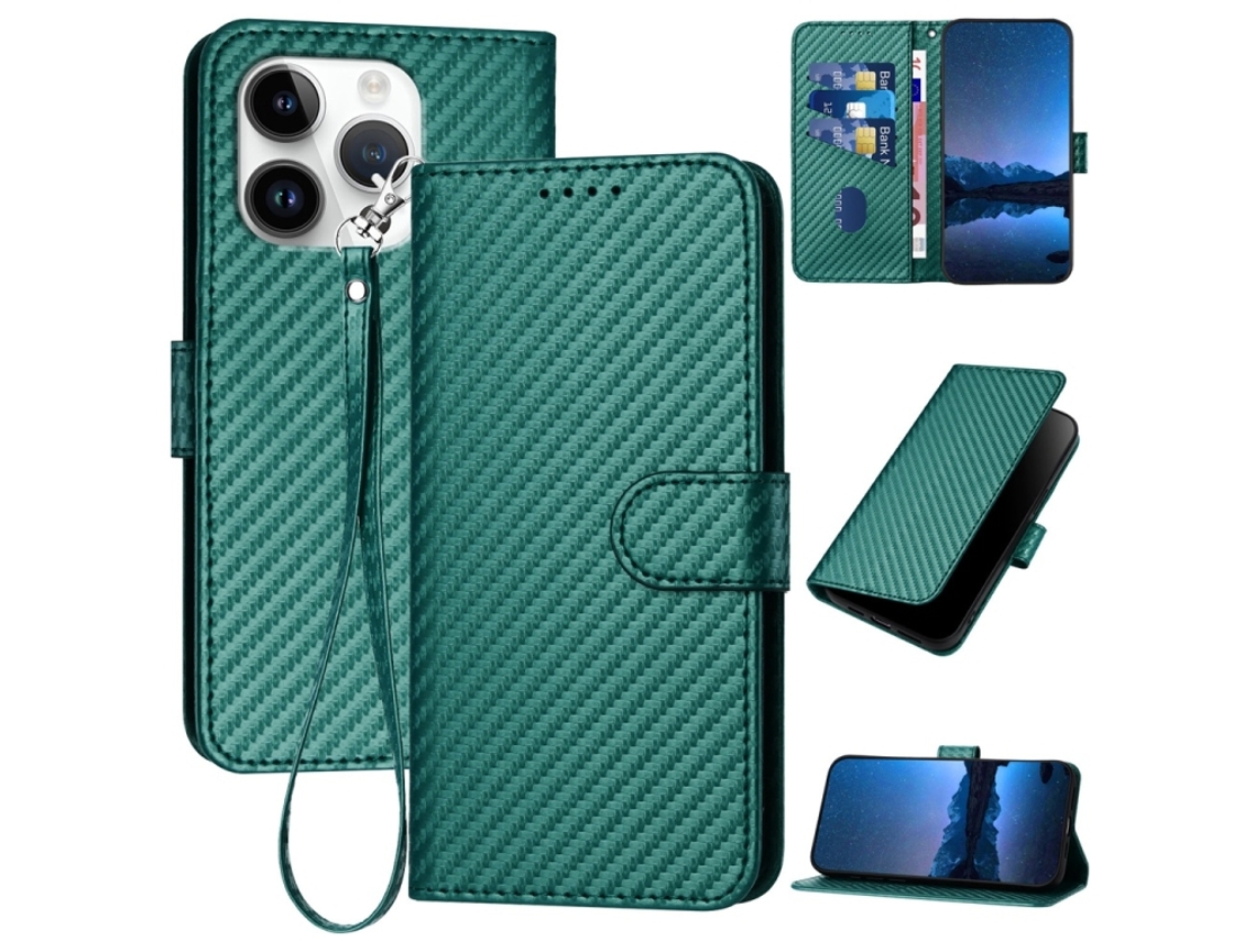 Capa De Couro Para Iphone 16 Pro - Fivela Em Fibra De Carbono - Com Cordão