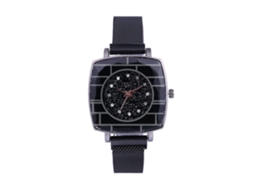Relógio de Pulso Feminino Casual de Quartzo com Pulseira de Malha e Mostrador Quadrado Preto