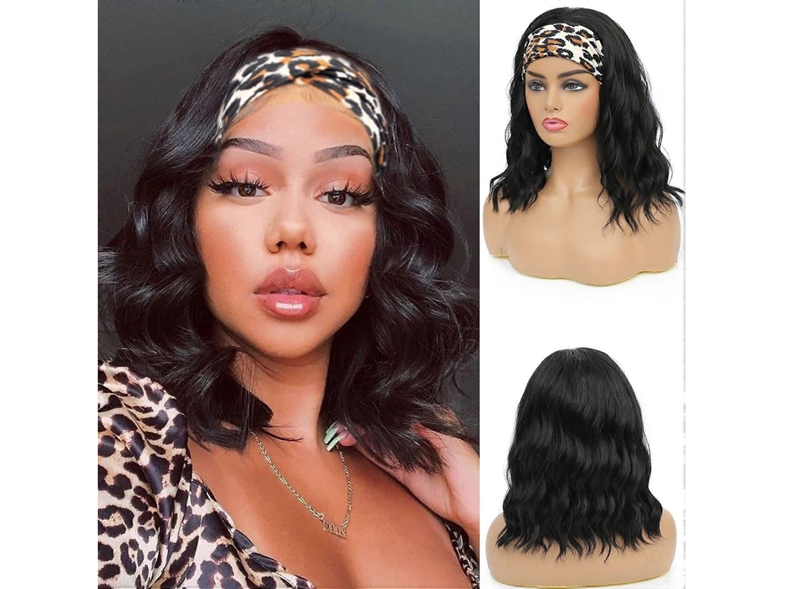 Peruca com Faixa de Cabelo, Curta e Ondulada, para Mulheres Negras, com Cachos Naturais. TAISHENGDA