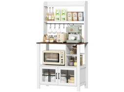 Armário De Cozinha Alto Móvel Auxiliar De Com 6 Ganchos Para Chávenas 2 Portas De Vidro Prateleiras Abertas 80x40x152 Cm Branco