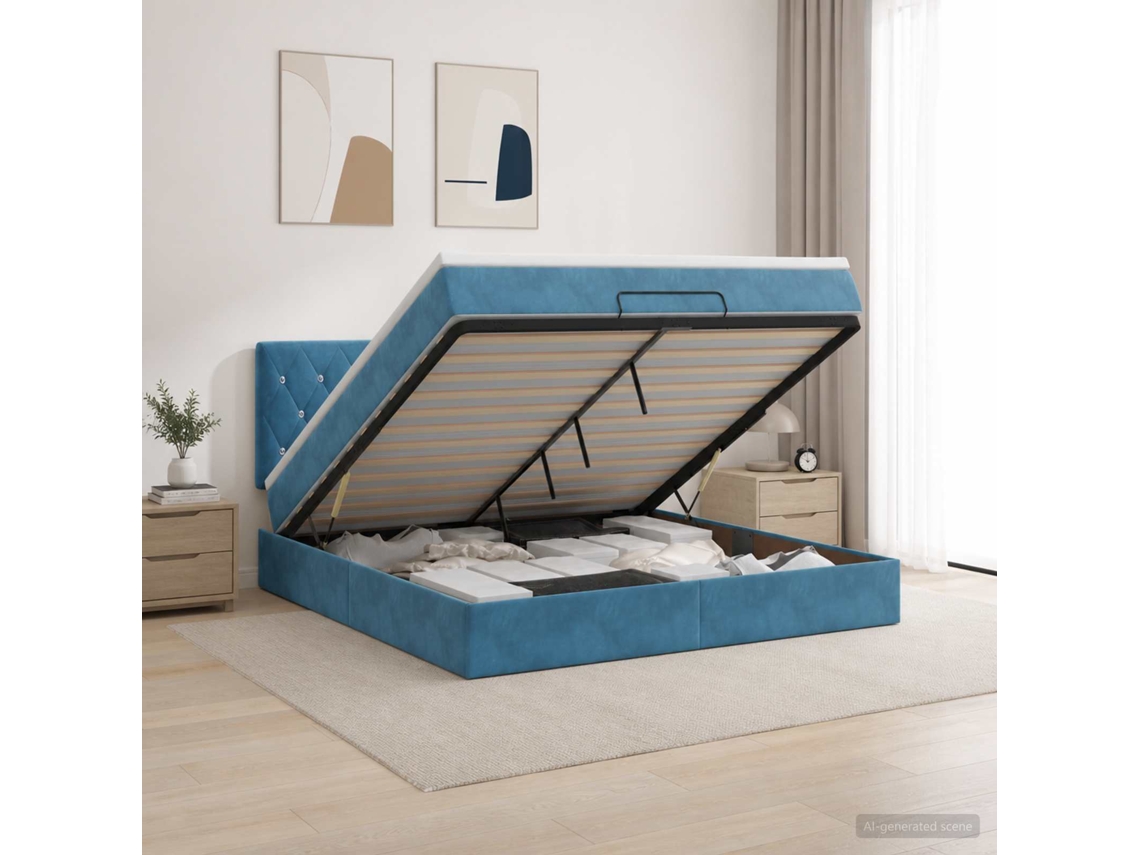 Vidaxl Cama Ottoman Com Colchão Azul Escuro 140 X 200 Cm Veludo