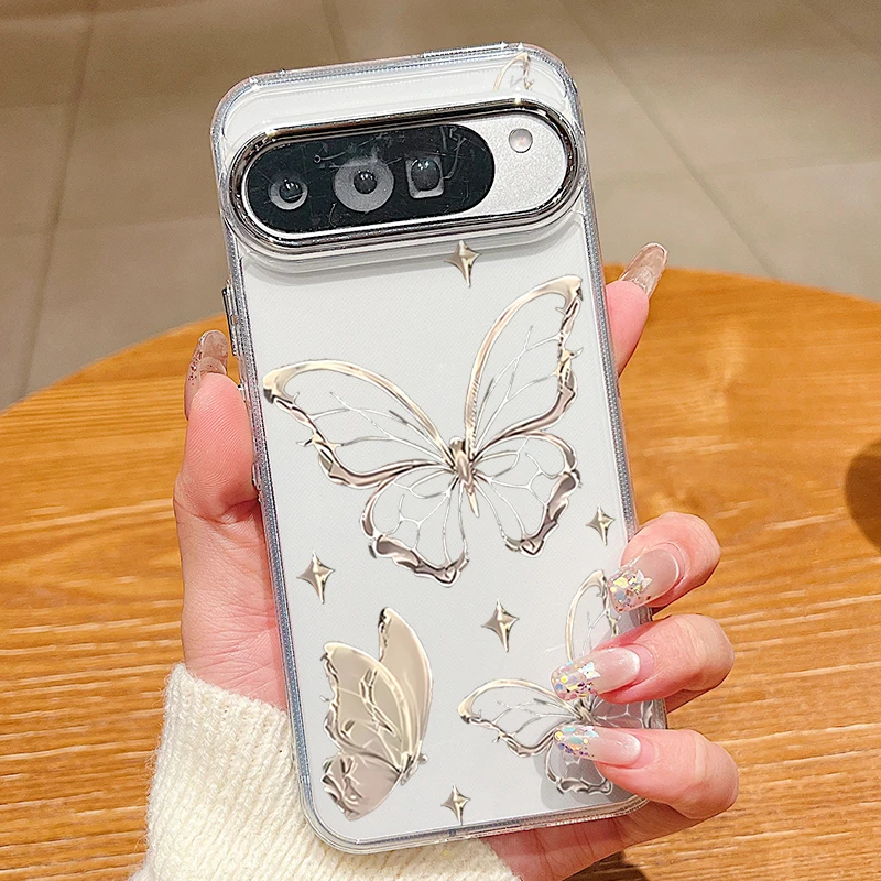 Capa Transparente Para Celular Google Pixel 9a Com Estampa Retrô De Borboletas, À Prova De Choque E Feita De Tpu Macio.
