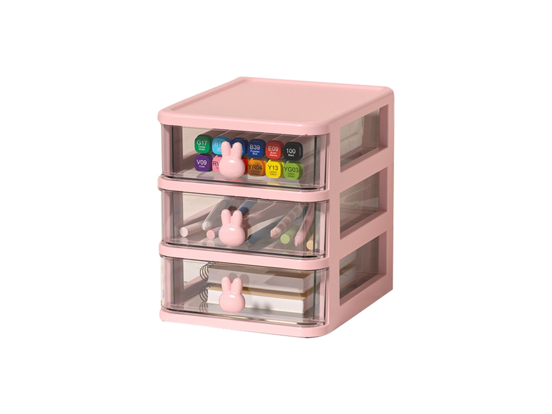 Caixa Organizadora De Escritório De Plástico Transparente Com 3 Gavetas Com Alça Coelho Rosa 13,4x17x16cm