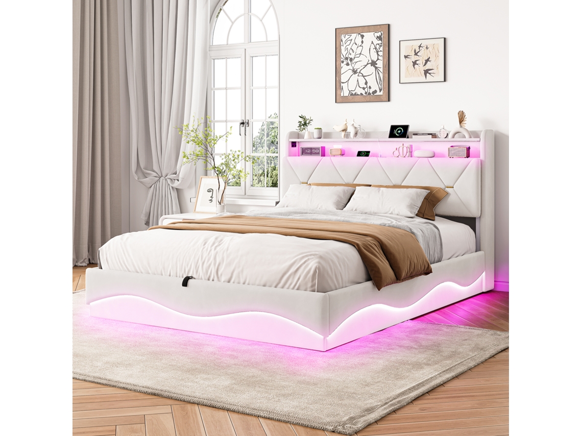 Cama de Casal Estofada 160x200 Cinza Veludo com Armazenamento BURSDANY