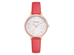 Relógio Feminino de Quartzo com Pulseira de Couro Pu Estampa Floral Cor Vermelha